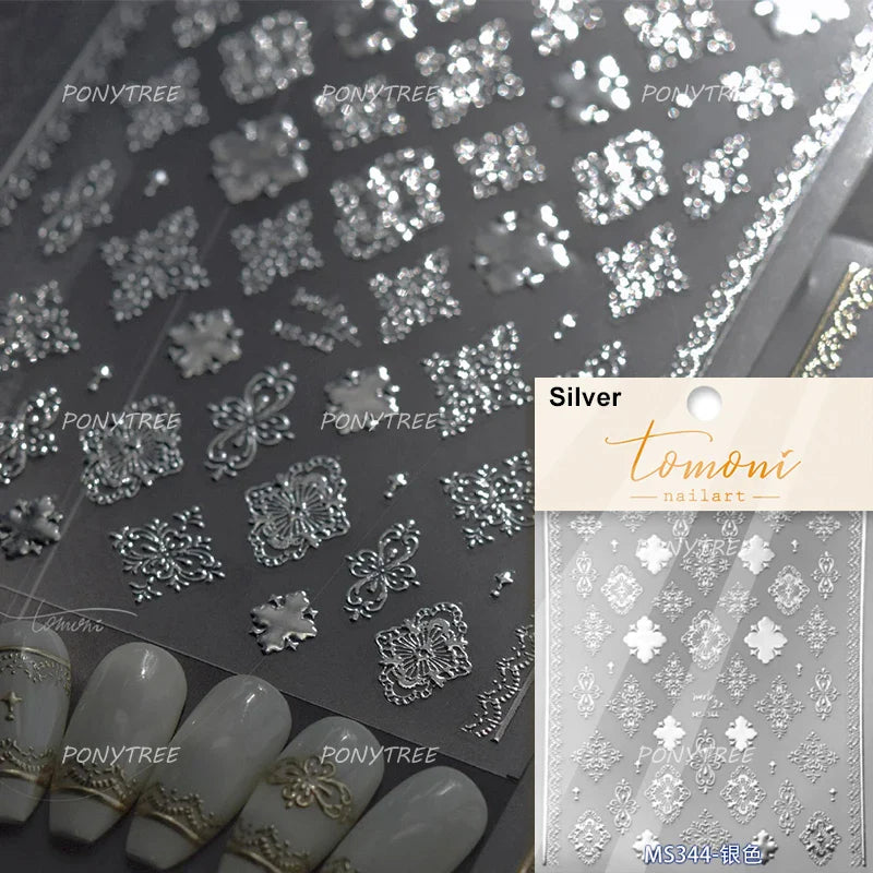 Gold Stamped Silver Totems Geometric Patterns Figure 5D Self Adhesive Nail Art Stickers Stars Bohemia Manicure Decals Wholesale (Online Order Only)