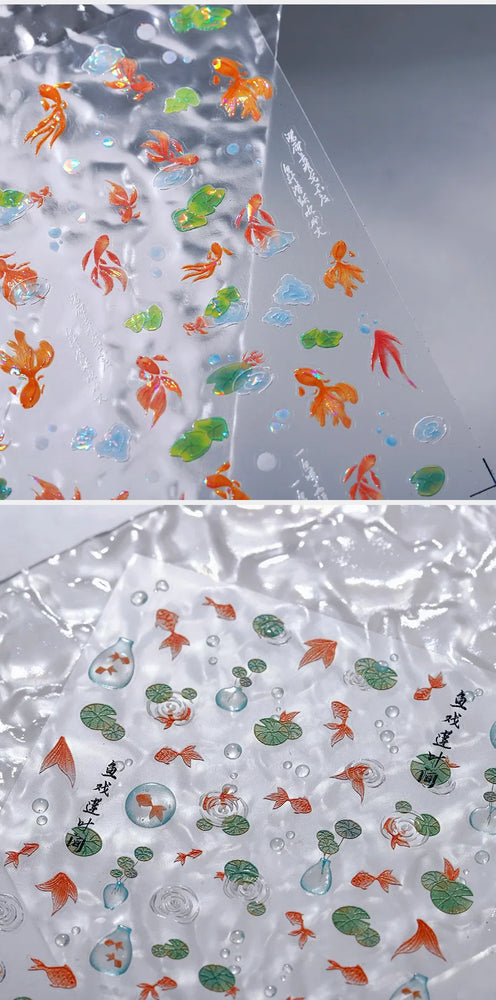 Lotus Leaf Brocaded Carp Koi Playing Goldfish Cavort Ripple Droplet Water Bubbles Self Adhesive Nail Art Stickers Manicure Decal (Online Order Only)