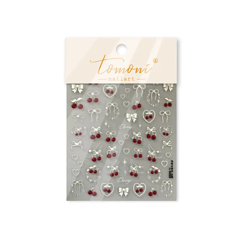 Lovely Red Fruit Strawberry Cherry Bowknot Love Heart Star Silk Ribbon Chic Rhinestone Adhesive Nail Art Stickers Manicure Decal (ONLINE ORDER ONLY)