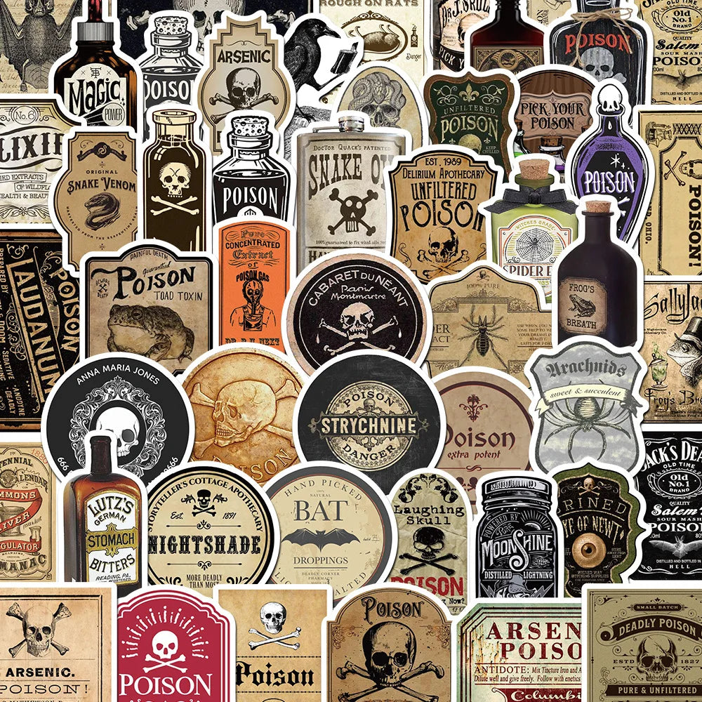 10/50pcs Halloween Retro Horror Gothic Witch Graffiti Potion Label Sticker Vintage Decals DIY Suitecase Scrapbook Laptop Toys (ONLINE ORDER ONLY)