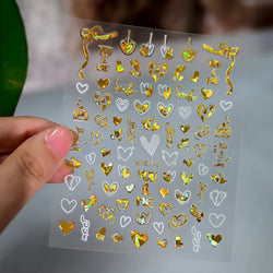 1PC Holographic Laser Heart Nail Stickers-3D Self-Adhesive Golden White Valentines Day Nail Decals For Women Nail Art Decoration (ONLINE ORDER ONLY)