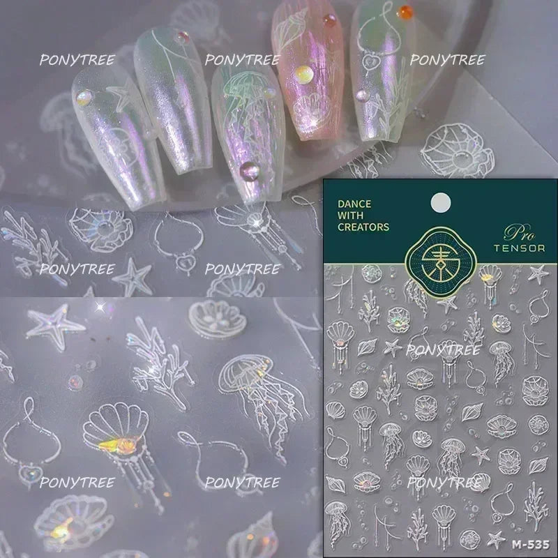Hot Stamping Laser Shell Conch Starfish Pearl Whale Coral Dolphin Summer Beach Sea Wave Jellyfish Bubble Nail Art Stickers Decal (ONLINE ORDER ONLY)
