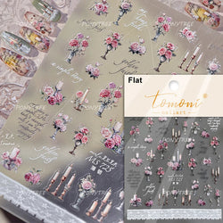 Oil Painting Style Rose Camellia Flower Vase Romantic Candle Holder Bowknot Embossed Adhesive Nail Art Stickers Manicure Decals (ONLINE ORDER ONLY)