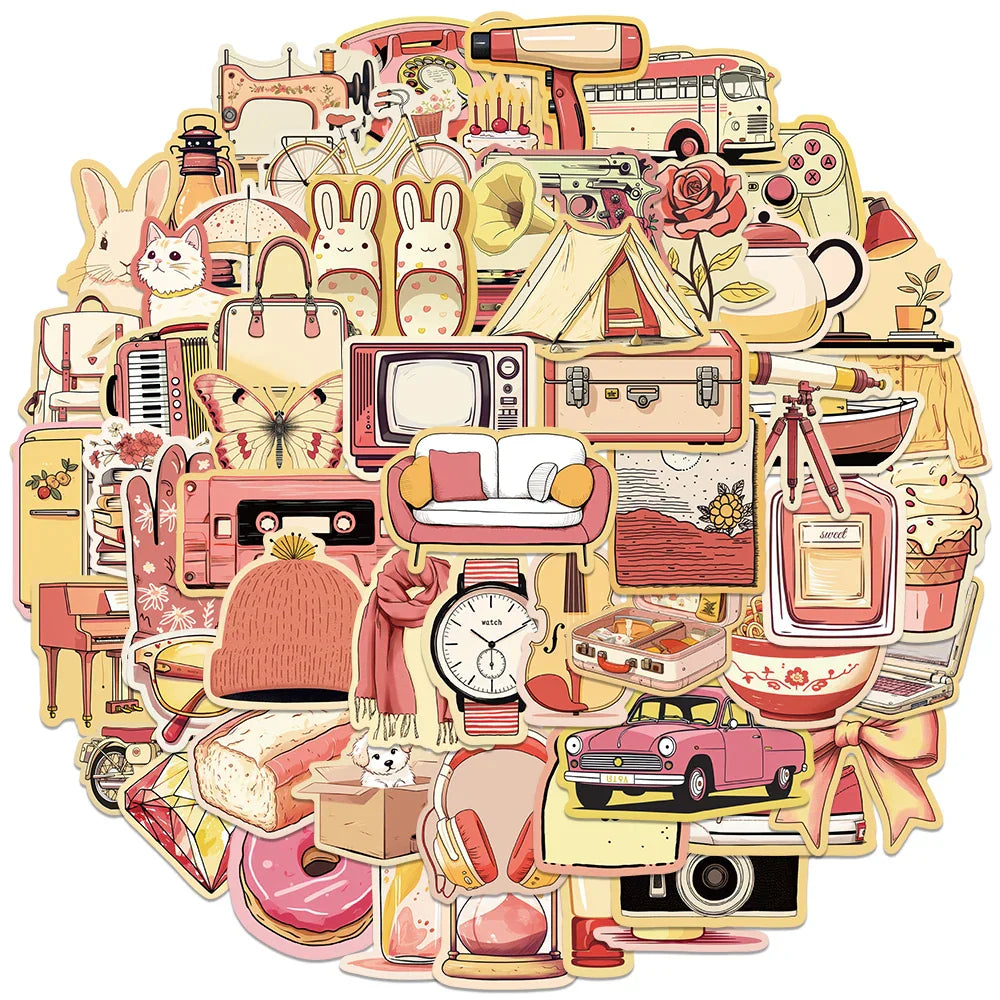 50pcs Aesthetic Laptop Vinyl Decals Cute Cartoon Daily Articles Stickers For Luggage Guitar Phone Bicycle Waterproof Graffiti (ONLINE ORDER ONLY)