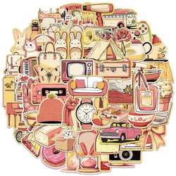 50pcs Aesthetic Laptop Vinyl Decals Cute Cartoon Daily Articles Stickers For Luggage Guitar Phone Bicycle Waterproof Graffiti (ONLINE ORDER ONLY)