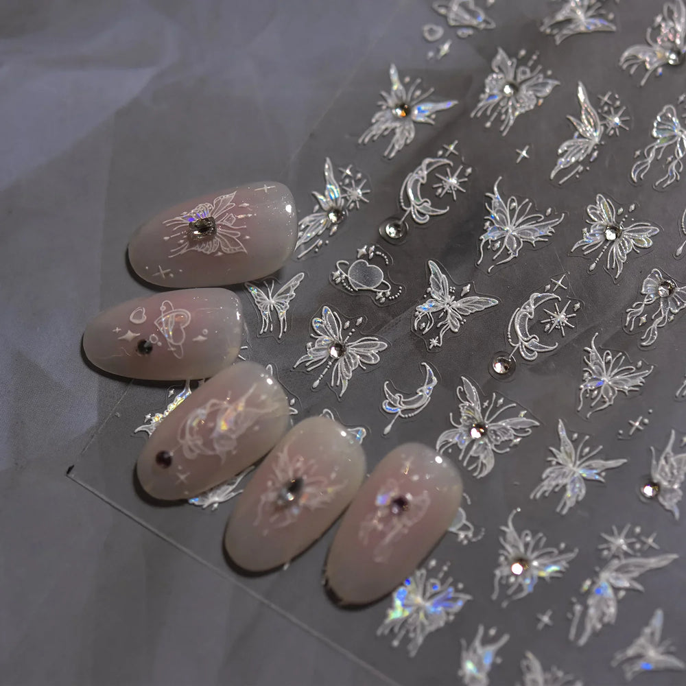 Dreamy Moon Stars Love Heart Butterfly Bowknot Lace Shiny Starburst Ribbon Delicate Adhesive Nail Art Stickers Manicure Decals (Online Order Only)