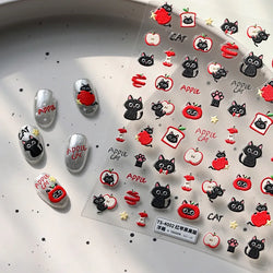 Cute Lovely Red Apple Core Black Kitten Cat's Paw Bread Slices Fruit Star Soft Relief Adhesive Nail Art Sticker Manicure Decals (ONLINE ORDER ONLY)