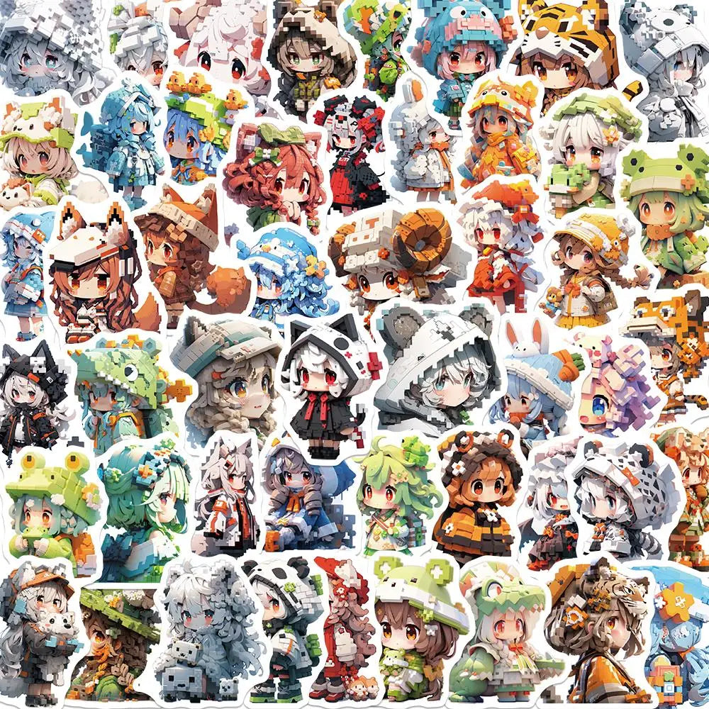 Cartoon Pixel Animal Girl Stickers Waterproof PVC Luggage Guitar Skateboard Cup Phone Decals (ONLINE ORDER ONLY)