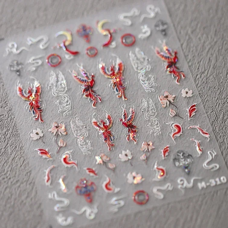 Charming Red Rose Phoenix Flower Wing Leaves Flower Feather Pearl Relief Embossed 5D Adhesive Nail Art Stickers Manicure Decals (ONLINE ORDER ONLY)