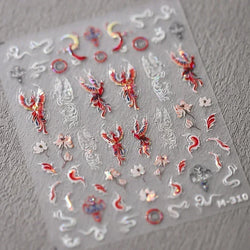Charming Red Rose Phoenix Flower Wing Leaves Flower Feather Pearl Relief Embossed 5D Adhesive Nail Art Stickers Manicure Decals (ONLINE ORDER ONLY)