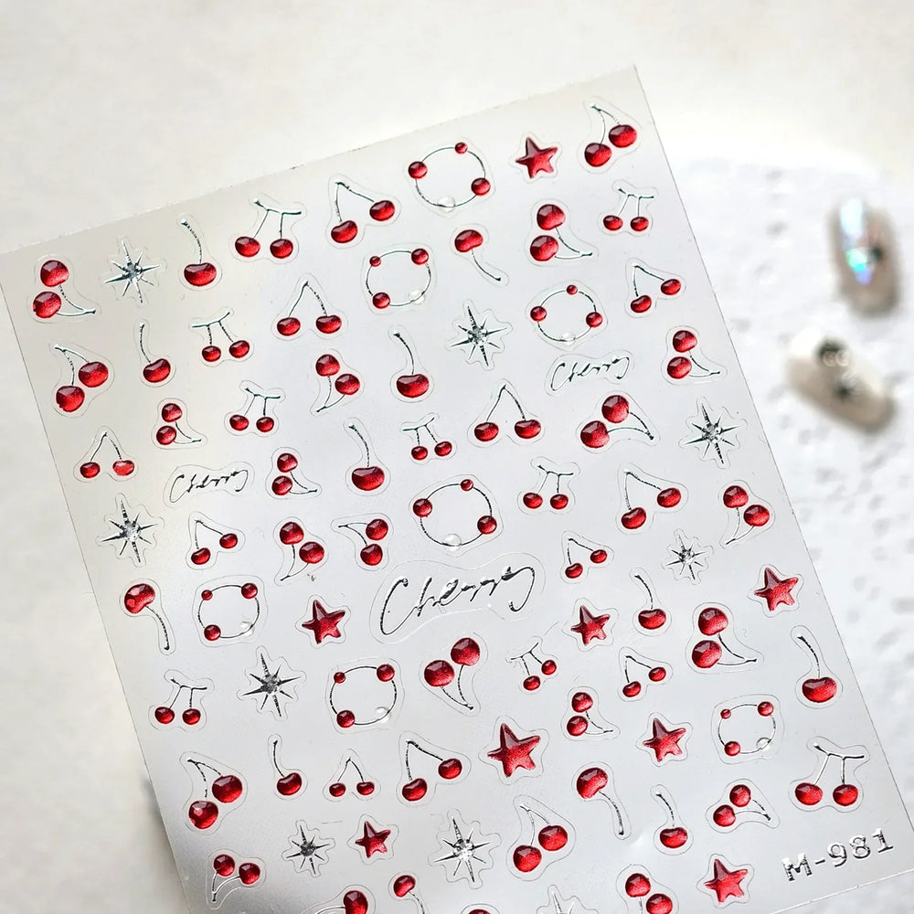 Lovely Mini Red Cherry Jelly Star Sun Fruit Charming Silver 3D 5D Self Adhesive Nail Art Stickers Cute Manicure Decals Wholesale (ONLINE ORDER ONLY)