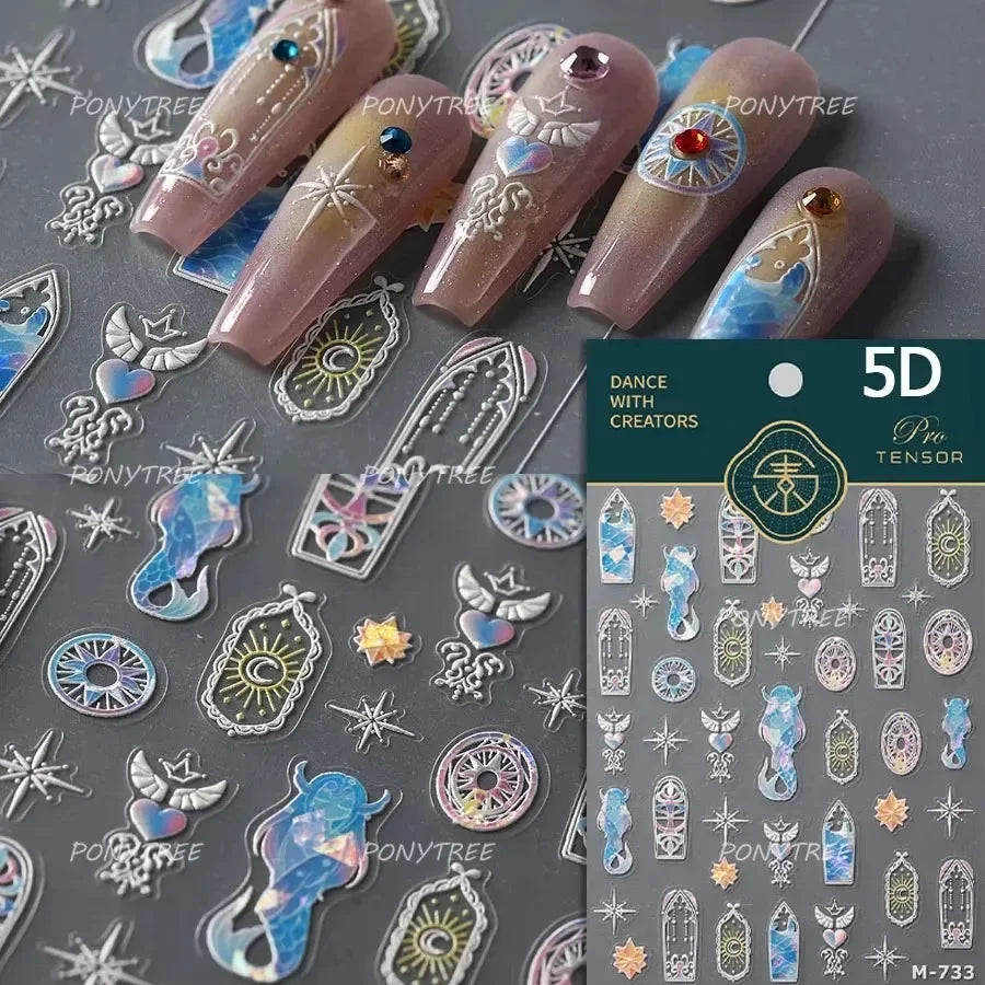 Retro Blue Lotus Flower Arrangement Vase Lantern Totem Pattern Bamboo Leaf Self Adhesive Nail Art Stickers Shiny Manicure Decals (ONLINE ORDER ONLY)