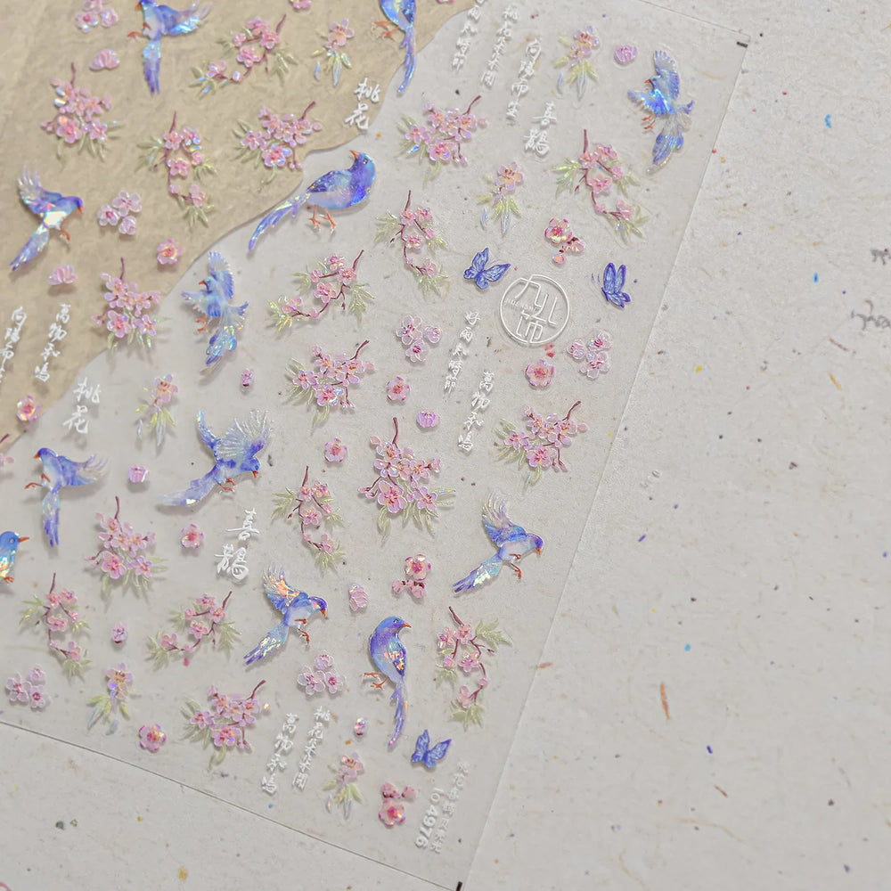 Pink Peach Blossom Blue Magpie Butterfly Bird Wing Tree Branch Animals Plants Shiny 3D Adhesive Nail Art Stickers Manicure Decal (ONLINE ORDER ONLY)