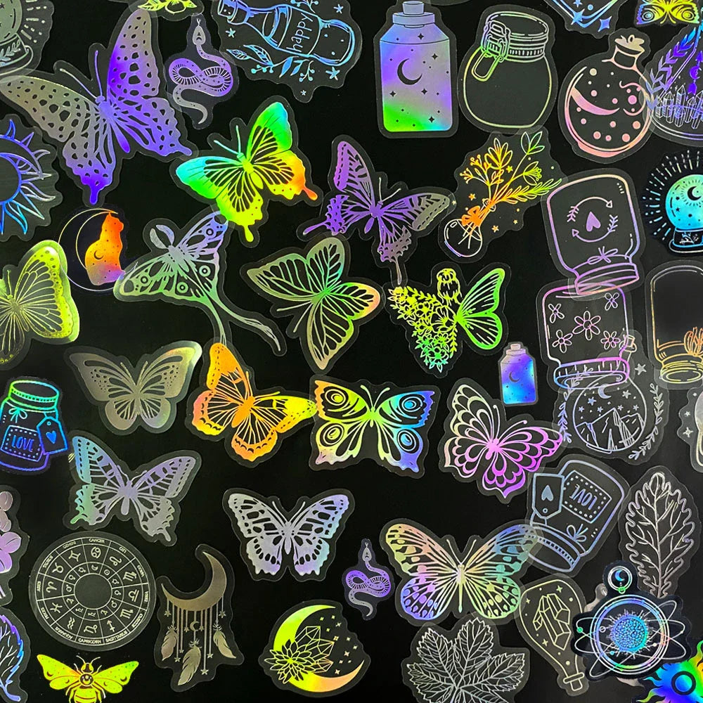 Holographic Butterfly Girl Stickers - 10/30/50/100pcs Transparent Luggage Skateboard Decals (ONLINE ORDER ONLY)