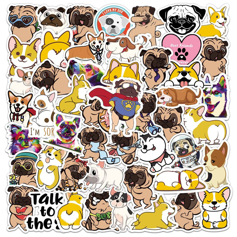 50pcs Cartoon Dog Stickers for Helmet, Wall, DIY Decoration with Storage Box (Online Order Only)