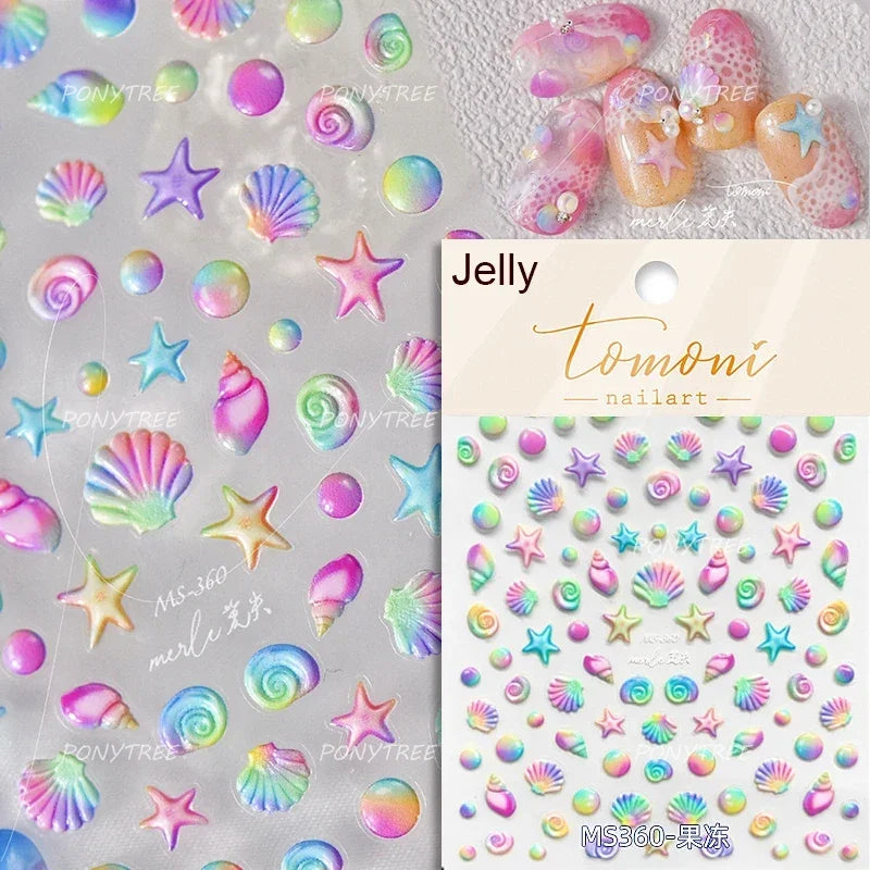 Hot Stamping Seahorse Dolphin Shell Conch Starfish Coconut Tree Jackfruit Water Bubbles Ocean Nail Art Stickers Manicure Decals (ONLINE ORDER ONLY)