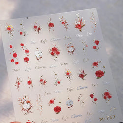 Chic Romantic Red White Flower Hot Stamping 5D Self Adhesive Nail Art Stickers Shiny Dreamy Camellia Rhinestone Manicure Decals (ONLINE ORDER ONLY)