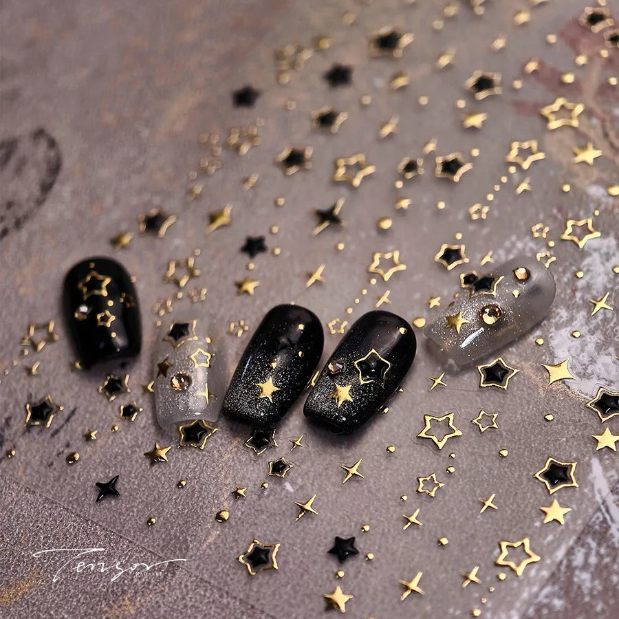 Hollow Out Black Gold Star Starburst Round Dot Night-time Tiny Spot Self Adhesive Nail Art Stickers Manicure Decals Wholesale (ONLINE ORDER ONLY)