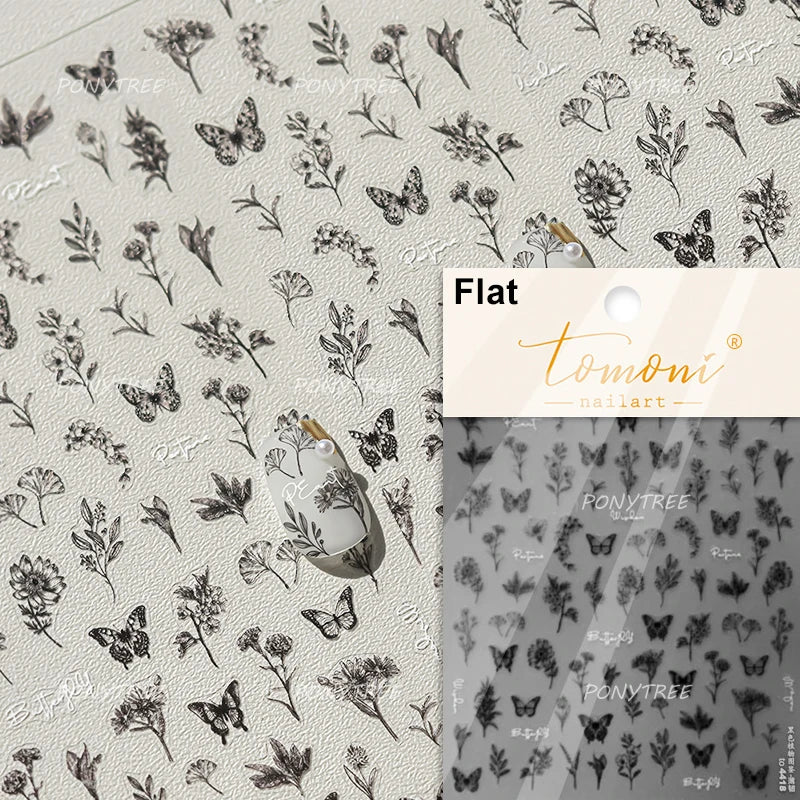 Vigorous Pink Orchid Cymbidium Antique Fragrant Thoroughwort Grass Butterfly Adhesive Nail Art Sticker Plant 3D Manicure Decals (ONLINE ORDER ONLY)