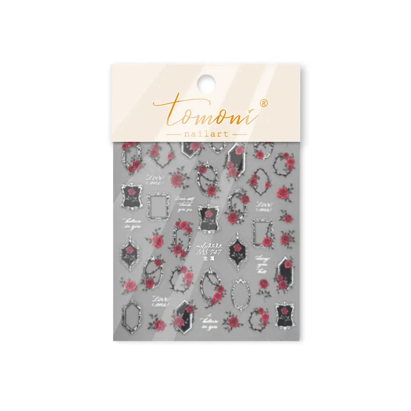 Metal Effect Rose Flower Pattern Totem Photo Frame Self Adhesive Nail Art Sticker Romantic Chic Wreath Rhinestone Manicure Decal (Online Order Only)