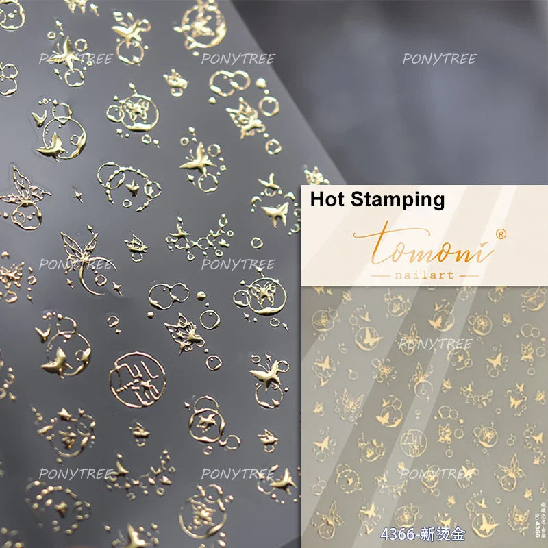 Butterfly Peach Blossom Flowers Lantern Star Tassel Pendant Gold Hot Stamping Self Adhesive Nail Art Stickers Manicure Decals (ONLINE ORDER ONLY)