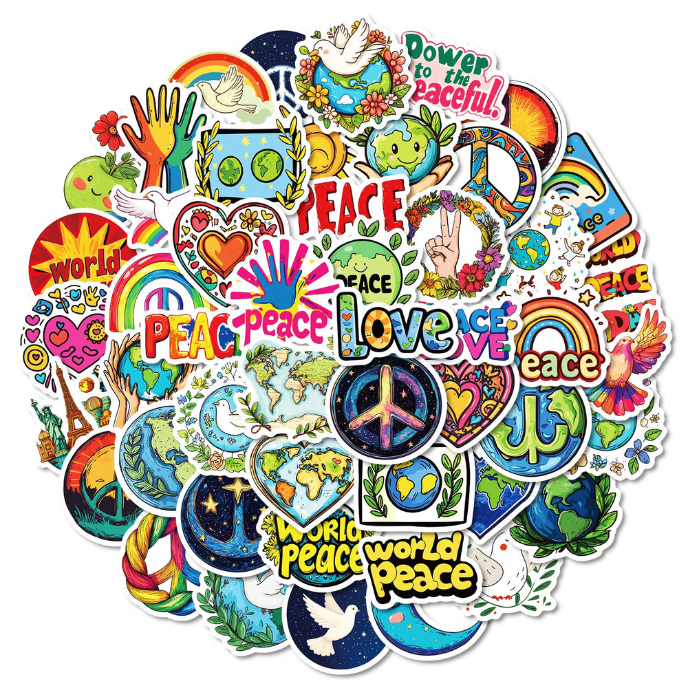 World Peace Cartoon Stickers Pack - Funny Graffiti Decals for Luggage, Laptop, Phone, Guitar, Car, Bike, Skateboard (ONLINE ORDER ONLY)