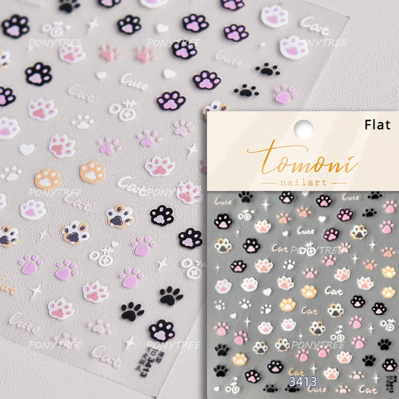 Lovely Green Pink Cherry Pudding Claw Paw Love Heart Bowknot Soft Embossed Reliefs Adhesive Nail Art Stickers Manicure Decals (ONLINE ORDER ONLY)