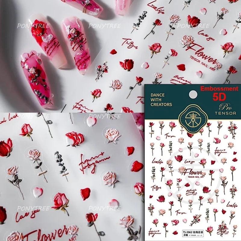 Chic Romantic Red White Flower Hot Stamping 5D Self Adhesive Nail Art Stickers Shiny Dreamy Camellia Rhinestone Manicure Decals (ONLINE ORDER ONLY)
