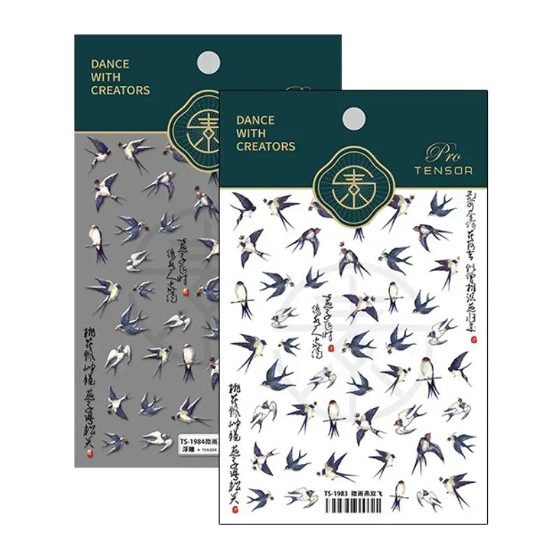 Swallow Bird Insect Animal Phoenix Peacock Dove 3D Self Adhesive Nail Art Stickers Chinese Ancient Poetry Manicure 5D DIY Decals (ONLINE ORDER ONLY)