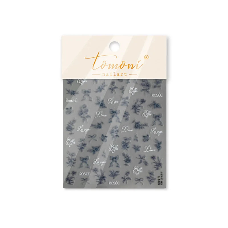 Brown Blue White Hand Drawn Sketch Plants Leaves Bowknot Butterfly Flowers Adhesive Nail Art Decoration Stickers Manicure Decals (Online Order Only)