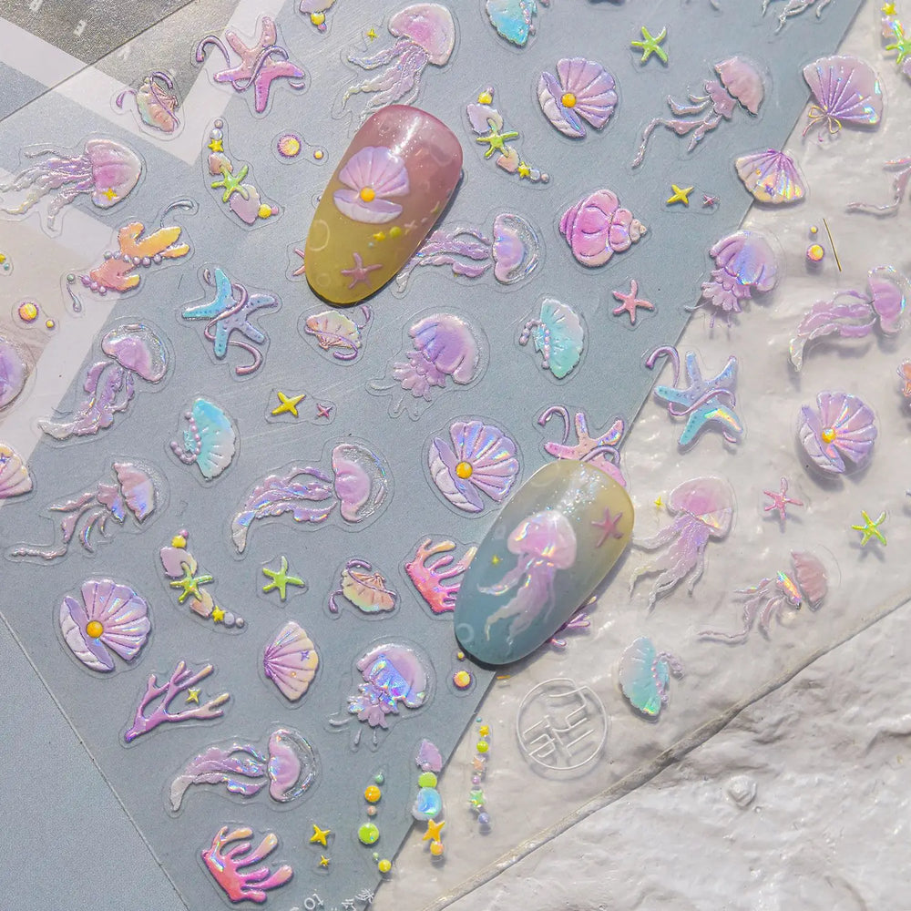 Infauna Jellyfish Conch Shell Starfish Octopus Coral Polypite Wishing Bottle Sea Self Adhesive Nail Art Stickers Manicure Decals (ONLINE ORDER ONLY)