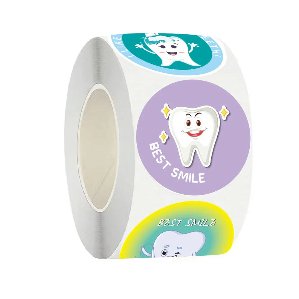 500pcs Cute Cartoon Tooth Stickers Roll Cartoon Graffiti Decal DIY Luggage Laptop Skateboard Bicycle Fridge Stickers Kids Gifts (Online Order Only)