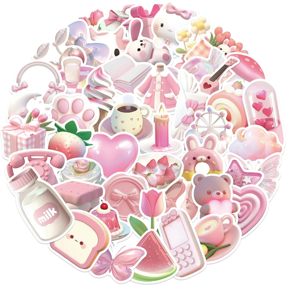 50PCS Kawaii Pink Love PVC Sticker Aesthetic Korean Stationery Decoration Scrapbooking School Supplies for Kids (ONLINE ORDER ONLY)