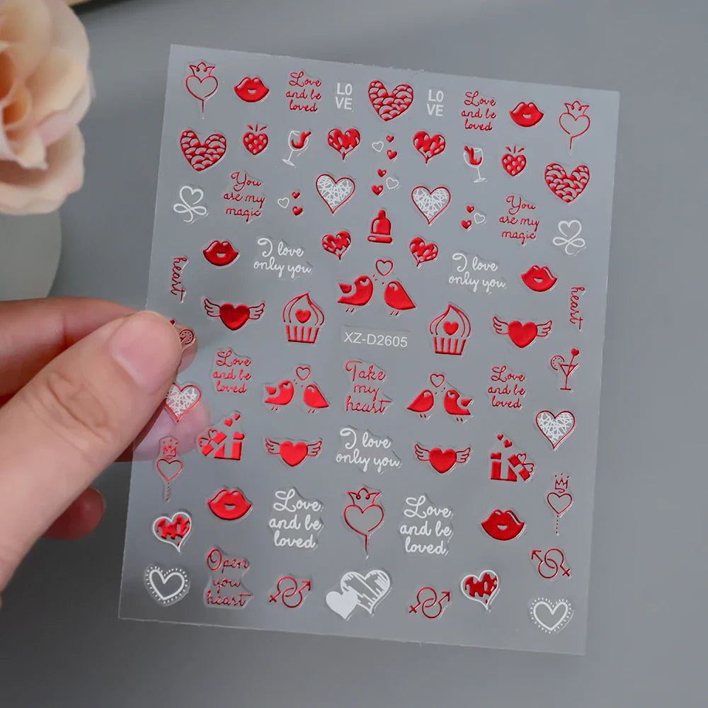 1PC Holographic Laser Heart Nail Stickers-3D Self-Adhesive Golden White Valentines Day Nail Decals For Women Nail Art Decoration (ONLINE ORDER ONLY)