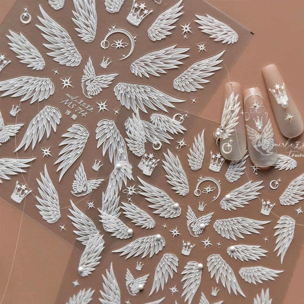 Charming White Shiny Pearl Rhinestone Wings Feathers Crown Moon Stars 3D Self Adhesive Nail Art Sticker Manicure Decal Wholesale (ONLINE ORDER ONLY)