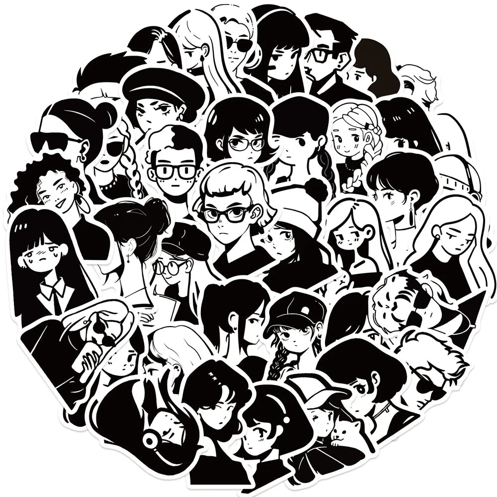 50PCS Black & White Graffiti Cartoon Stickers Waterproof Decals (Online Order Only)