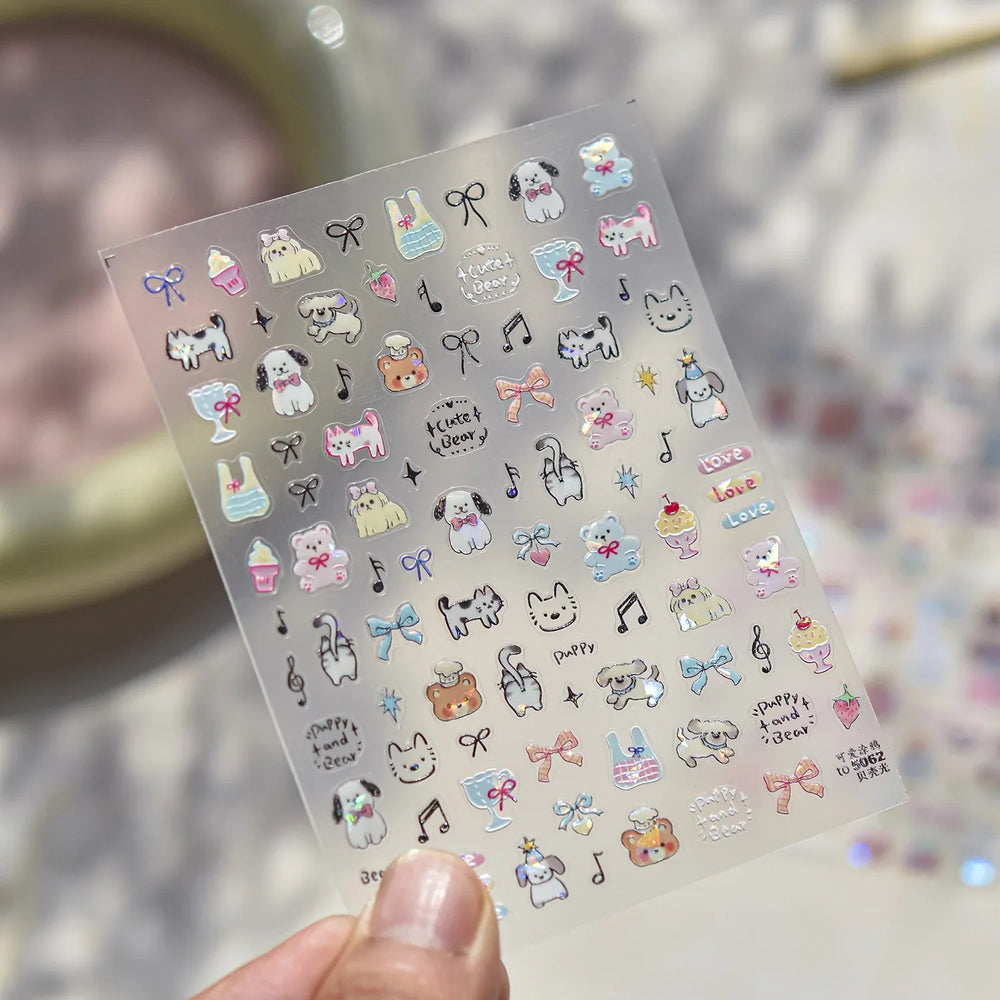 Graffiti Bear Cat Kitten Dog Puppy Bowknot Cake Tulip Note Star Cherry Cup Adhesive Nail Art Decoration Sticker Manicure Decals (ONLINE ORDER ONLY)