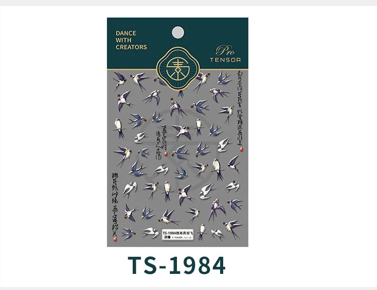 Swallow Bird Insect Animal Phoenix Peacock Dove 3D Self Adhesive Nail Art Stickers Chinese Ancient Poetry Manicure 5D DIY Decals (ONLINE ORDER ONLY)