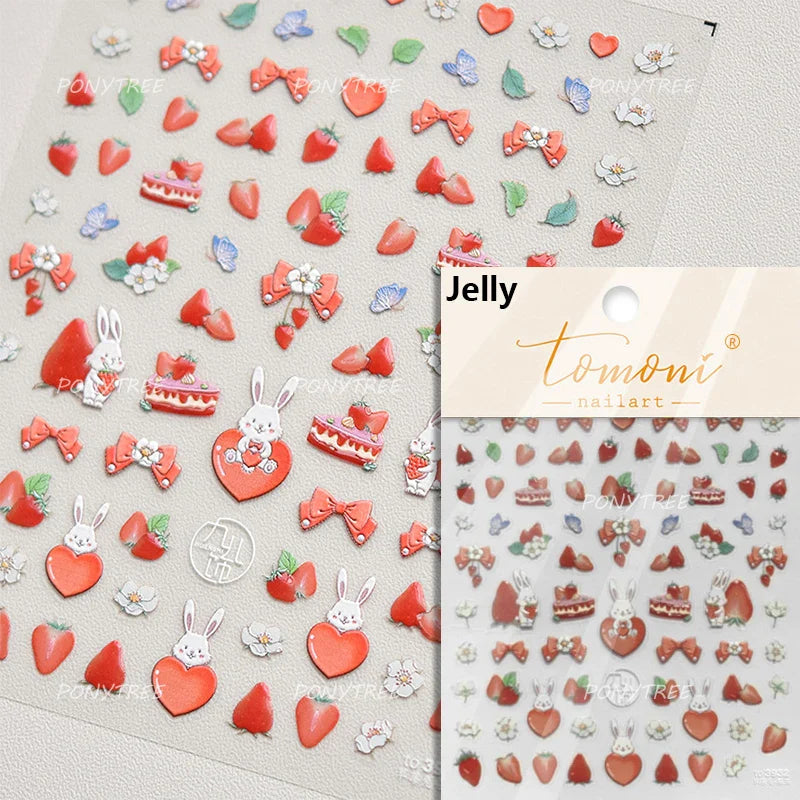 Cute Rabbit Fan Peach Blossom Teacup Lollipop Strawberry Star Cherry Hat Soft Embossed Adhesive Nail Art Stickers Manicure Decal (ONLINE ORDER ONLY)