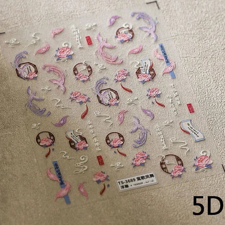 Charming Red Rose Phoenix Flower Wing Leaves Flower Feather Pearl Relief Embossed 5D Adhesive Nail Art Stickers Manicure Decals (ONLINE ORDER ONLY)