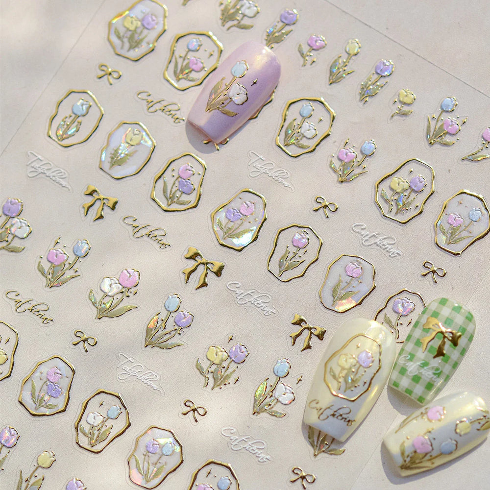 Golden Border Tulip Bloom Flower Bowknot Geometric Frame Metal Workmanship Charming Adhesive Nail Art Sticker Manicure Decals (ONLINE ORDER ONLY)