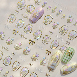 Golden Border Tulip Bloom Flower Bowknot Geometric Frame Metal Workmanship Charming Adhesive Nail Art Sticker Manicure Decals (ONLINE ORDER ONLY)