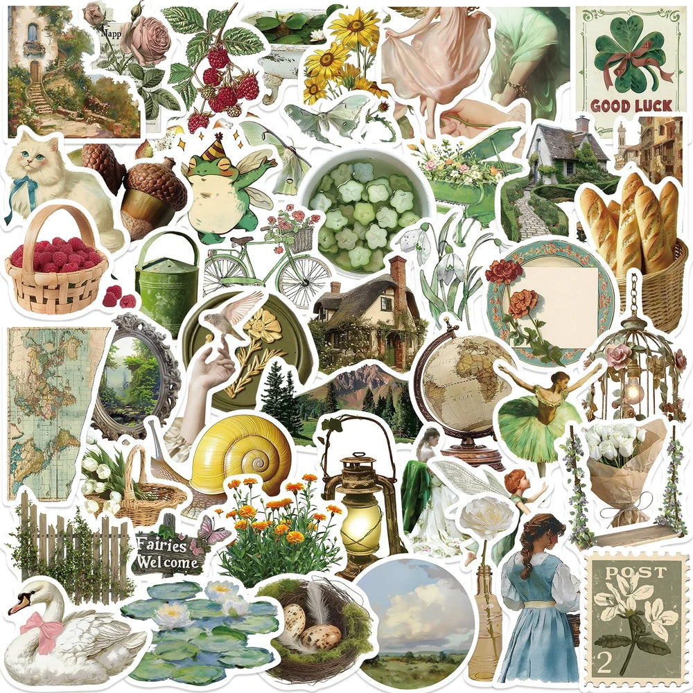 50PCS Retro Plant Stickers Waterproof Decals for Water Bottle Laptop Suitcase Skateboard Guitar (Online Order Only)