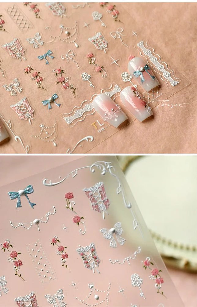 Retro Lace Corset Laced Bodice Wrap Top British Classical Dress Bowknot Rose Star Key Adhesive Nail Art Sticker Manicure Decals (ONLINE ORDER ONLY)