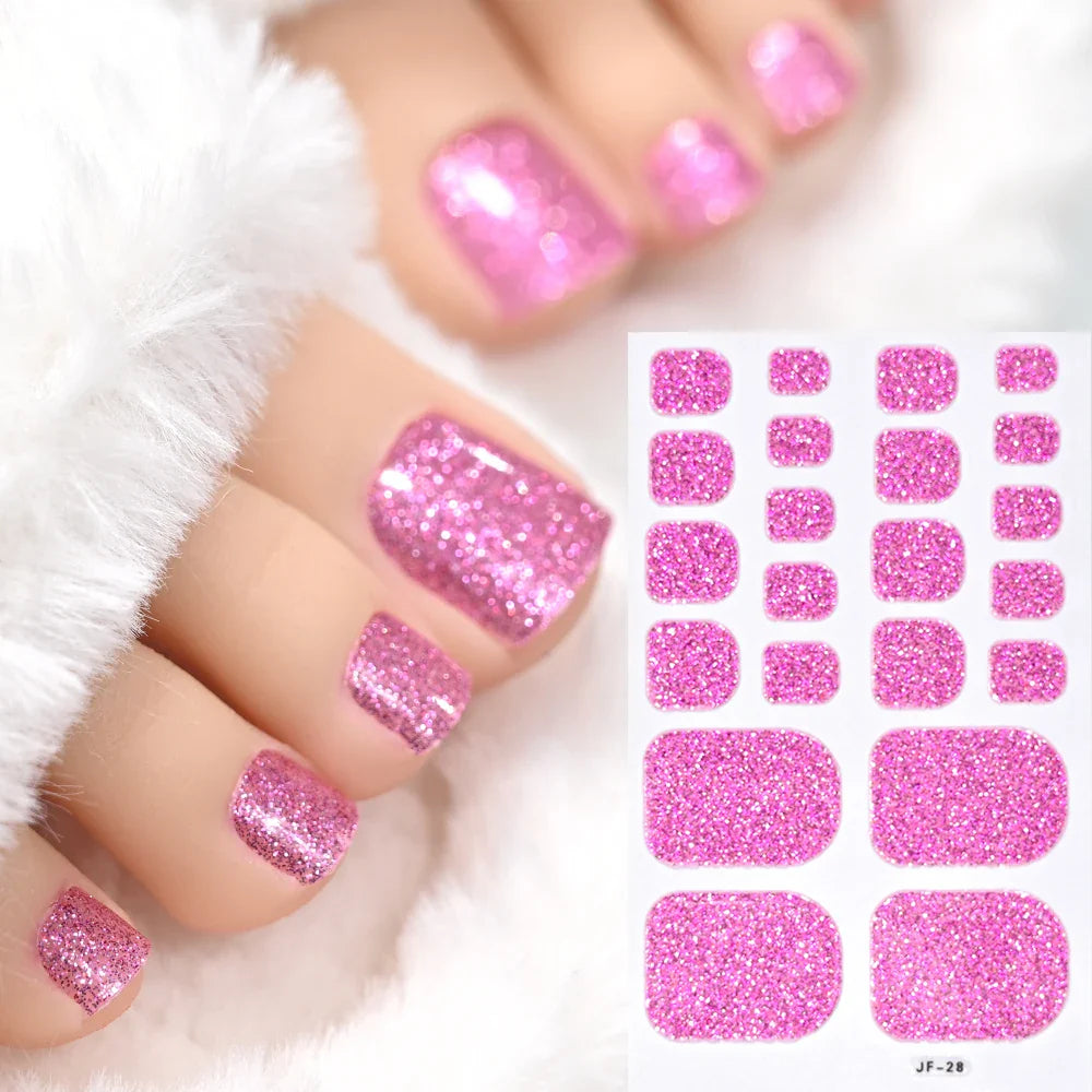 22Tips Pink Red Glitter Design Baking-free Toenail Stickers Solid Color Adhesive Full Cover Toe Nail Strip Slider Manicure Decal (ONLINE ORDER ONLY)