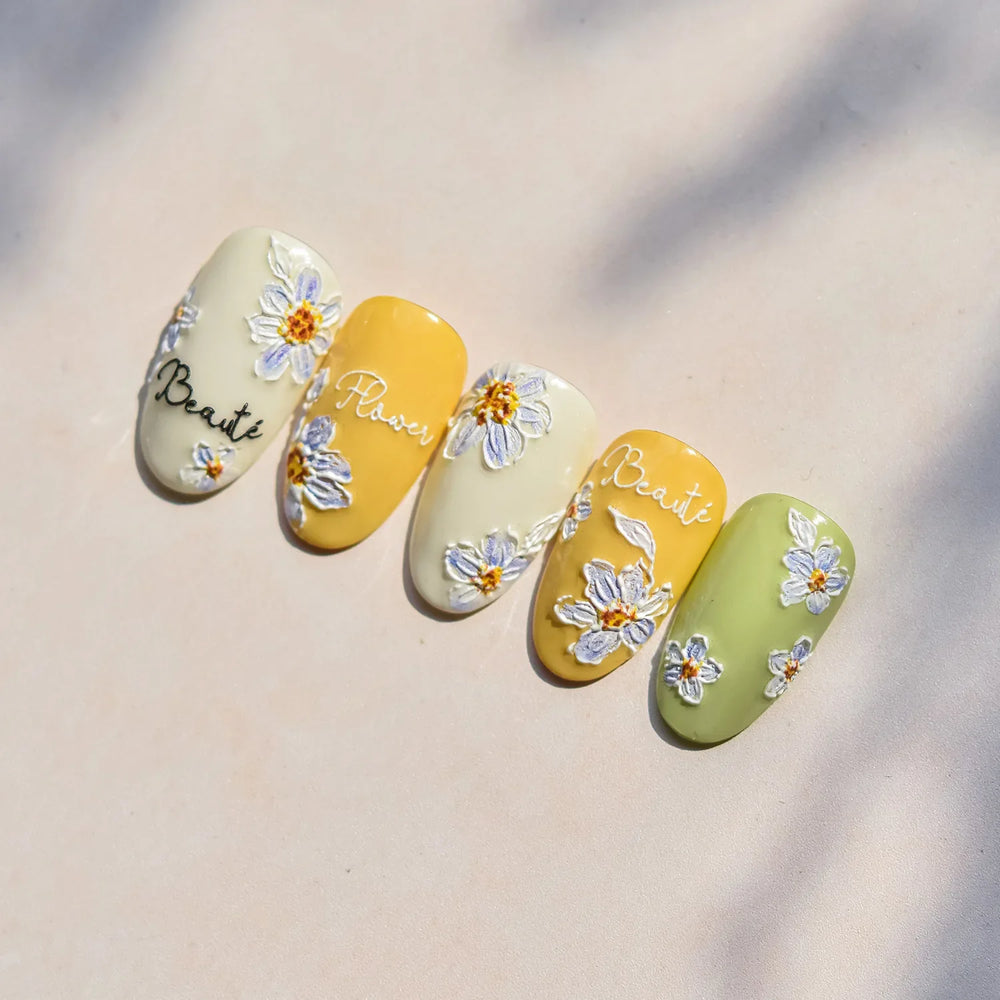 Flowers in Bloom Cosmos Chrysanthemum Daisy White Petal Yellow Stamen Self Adhesive Nail Art Decorations Sticker Manicure Decals (ONLINE ORDER ONLY)