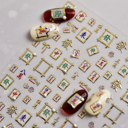 Hot Stamping Pearl Mahjong Get Rich Winning Card Bowknot Self Adhesive Nail Art Stickers Character Photo Frame Manicure Decals (Online Order Only)