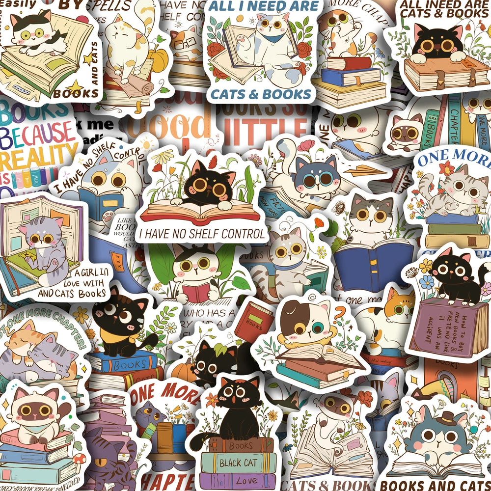 60Pcs Cat and Book with Motivational Phrase Sticker Pack DIY Scrapbook Decorative Stickers For Water Bottle Car Cup Computer (Online Order Only)