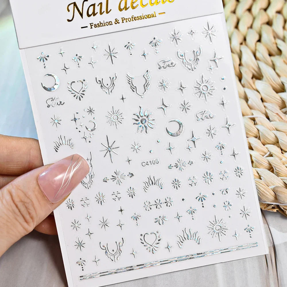 1 Sheet Star Nail Art Stickers 3d Self Adhesive Nail Decals Black White Golden Silver Color Star Design Nail Supplies Accessory (ONLINE ORDER ONLY)