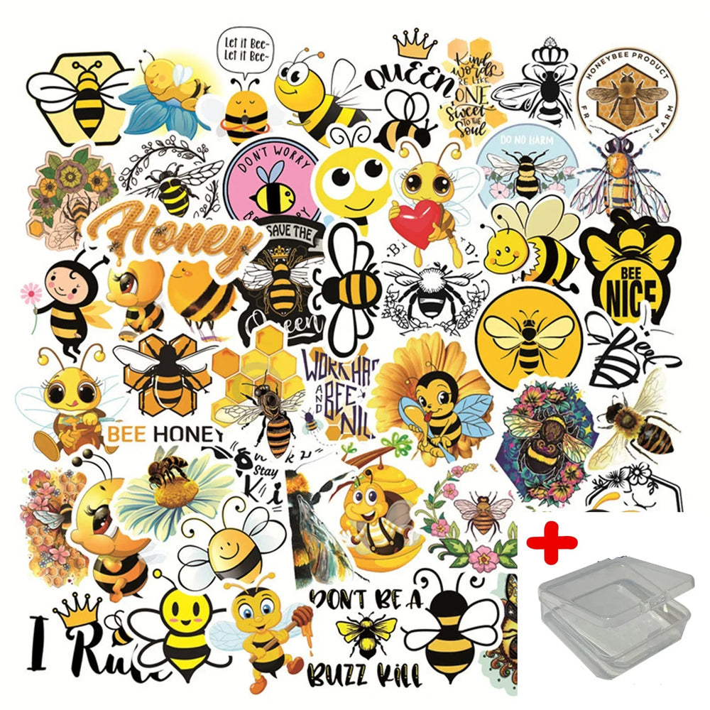 50pcs Cartoon Bee Stickers for Helmet, Wall, DIY Decoration with Storage Box (Online Order Only)